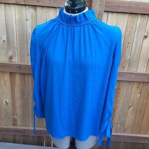 Ann Taylor women's bright blue tie neck and tie cuff long sleeve top size Small